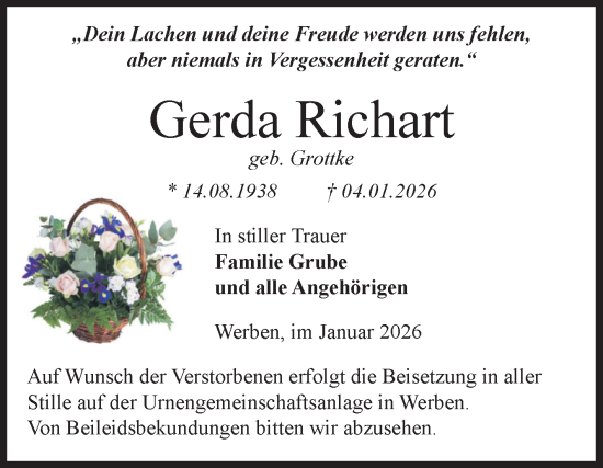 Traueranzeige von Gerda Richart von Volksstimme Altmark Ost