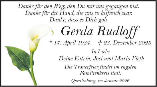 Traueranzeige von Gerda Rudloff von Trauerkombi Quedlinburg
