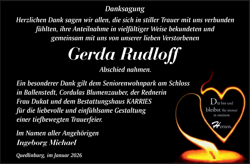  Traueranzeige für Gerda Rudloff vom 24.01.2026 aus Trauerkombi Quedlinburg
