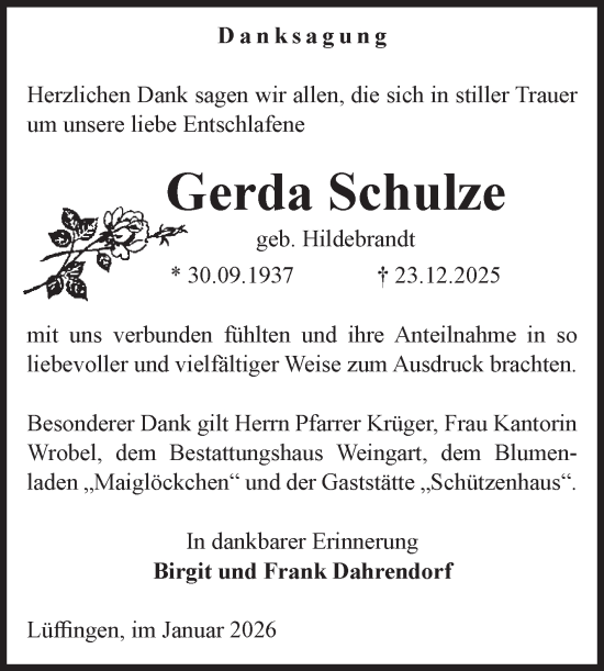 Traueranzeige von Gerda Schulze von Volksstimme Altmark West