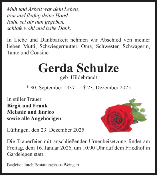 Traueranzeige von Gerda Schulze von Volksstimme Altmark West