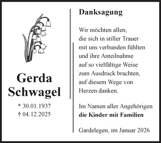 Traueranzeige von Gerda Schwagel von Volksstimme Altmark West