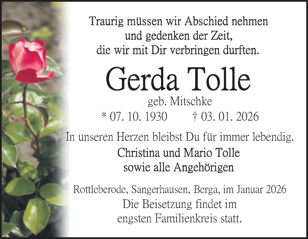  Traueranzeige für Gerda Tolle vom 17.01.2026 aus Trauerkombi Sangerhausen