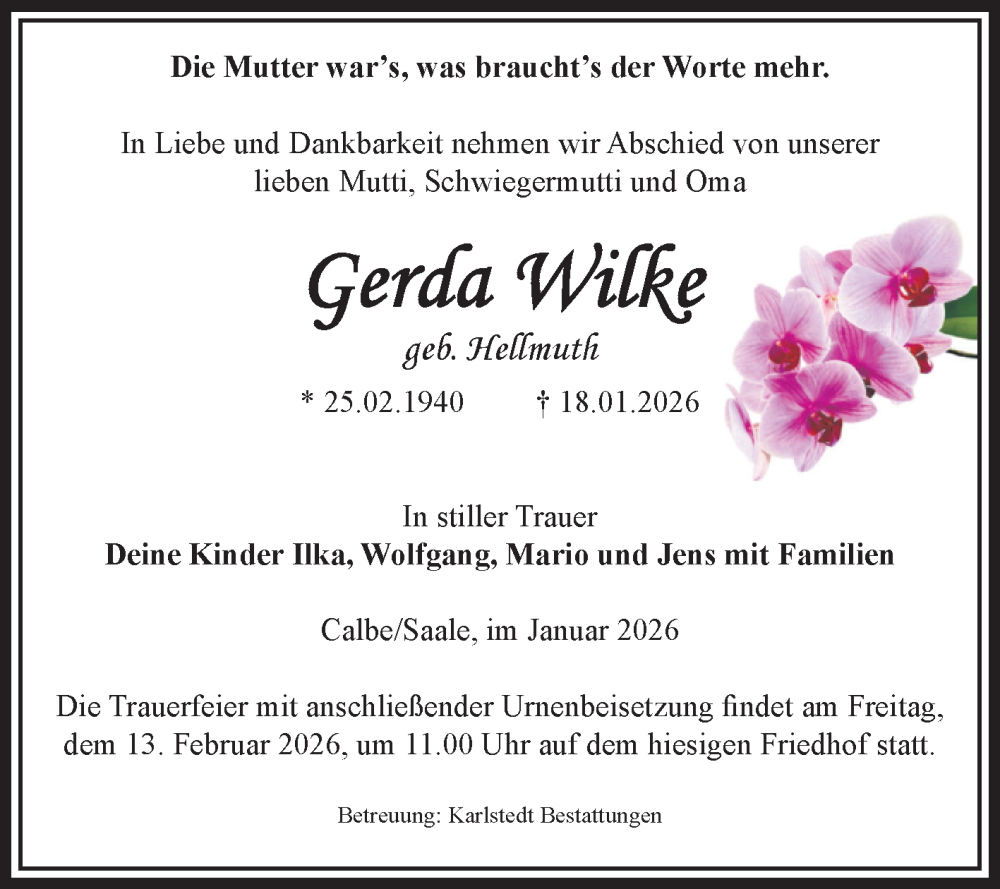  Traueranzeige für Gerda Wilke vom 24.01.2026 aus Volksstimme Schönebeck