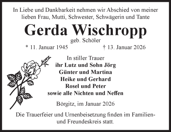 Traueranzeige von Gerda Wischropp von Volksstimme Altmark Ost