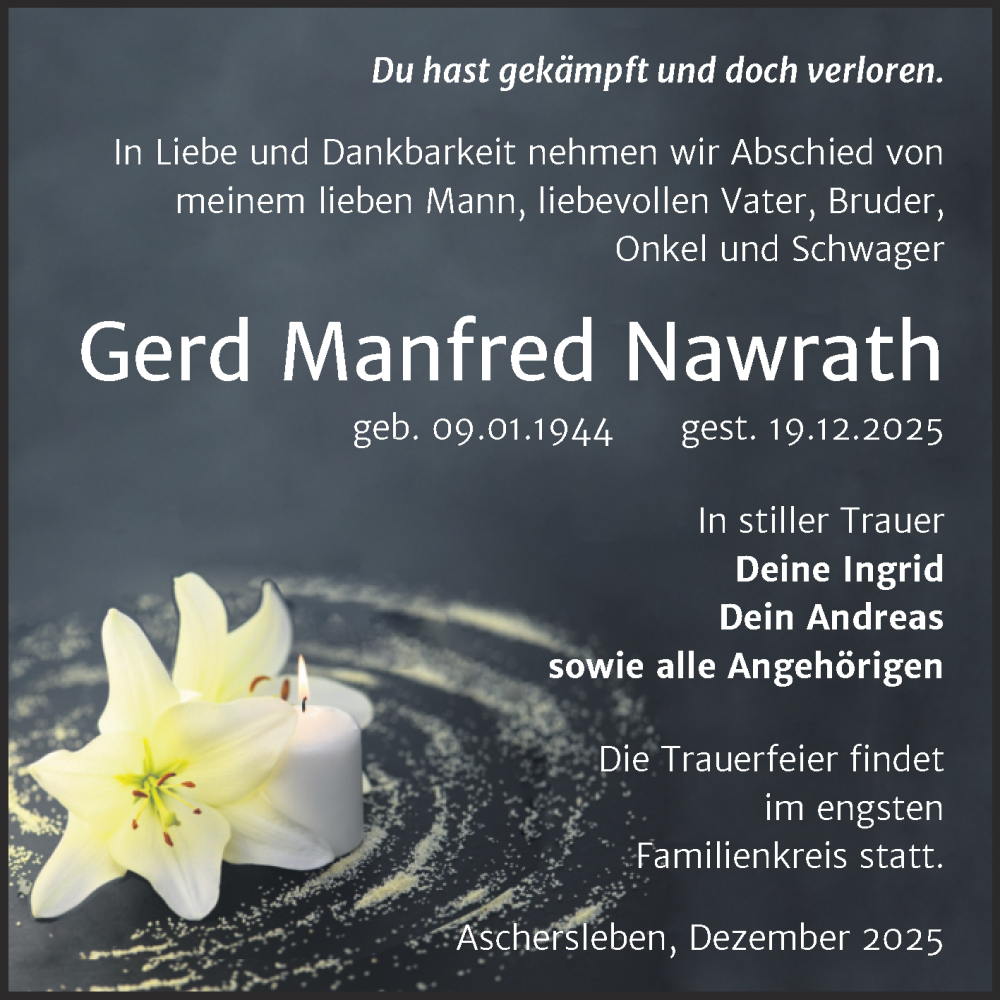  Traueranzeige für Gerd Manfred Nawrath vom 03.01.2026 aus Trauerkombi Aschersleben