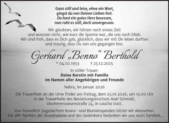 Traueranzeige von Gerhard Berthold von Super Sonntag Naumburg/Nebra