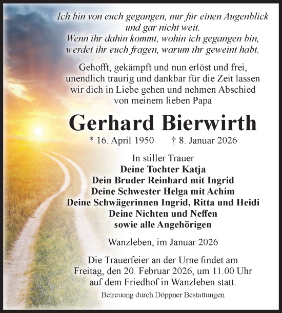 Traueranzeige von Gerhard Bierwirth von Volksstimme Oschersleben/Wanzleben