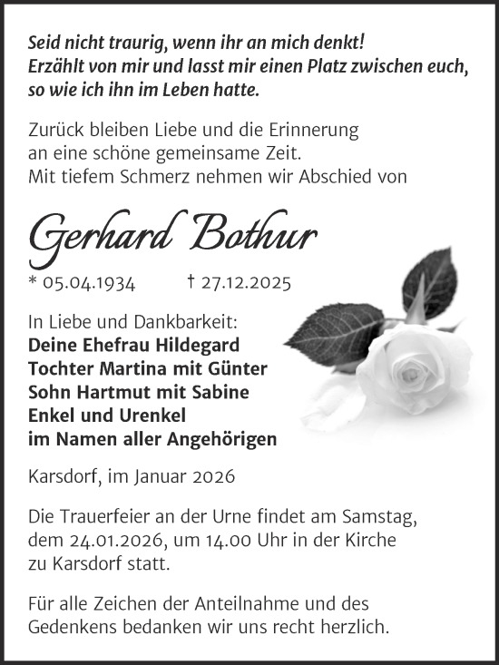 Traueranzeige von Gerhard Bothur von Super Sonntag Naumburg/Nebra