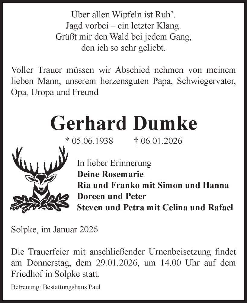  Traueranzeige für Gerhard Dumke vom 10.01.2026 aus Volksstimme Altmark West