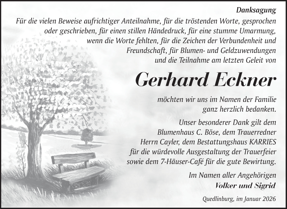  Traueranzeige für Gerhard Eckner vom 24.01.2026 aus Trauerkombi Quedlinburg