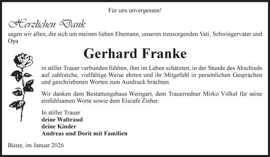 Traueranzeige von Gerhard Franke von Volksstimme Altmark Ost