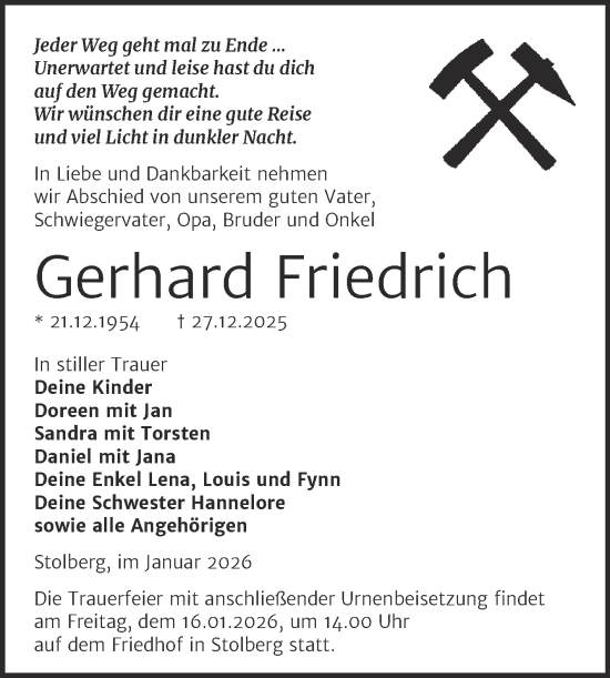 Traueranzeige von Gerhard Friedrich von Super Sonntag Sangerhausen