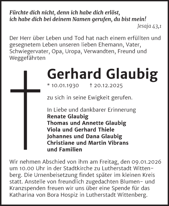 Traueranzeige von Gerhard Glaubig von Trauerkombi Wittenberg