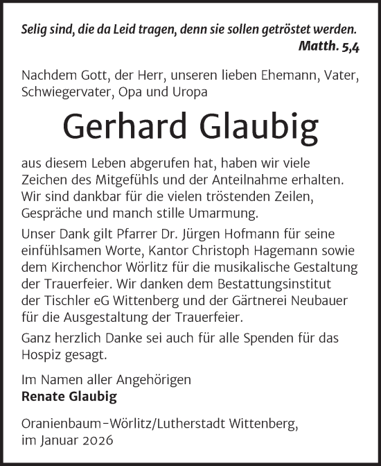 Traueranzeige von Gerhard Glaubig von Trauerkombi Wittenberg