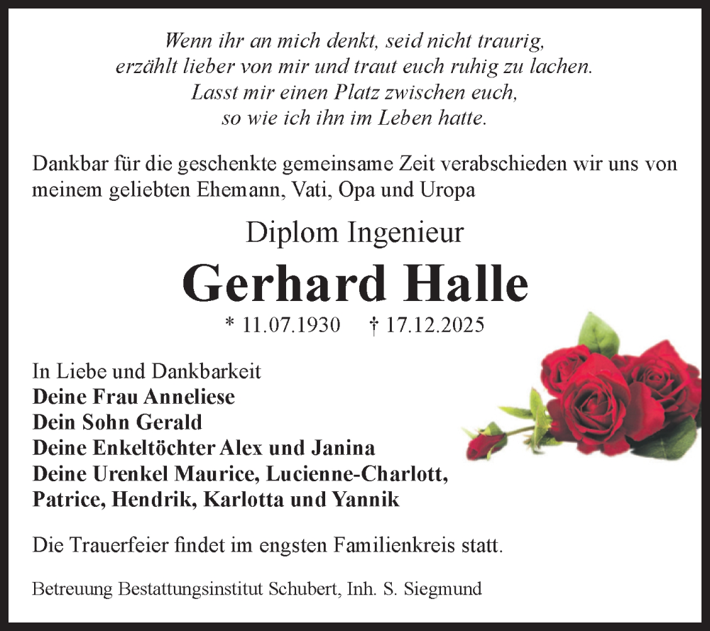  Traueranzeige für Gerhard Halle vom 24.01.2026 aus Volksstimme Magdeburg