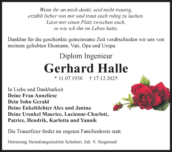 Traueranzeige von Gerhard Halle von Volksstimme Magdeburg