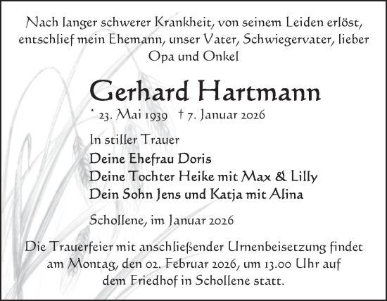 Traueranzeige von Gerhard Hartmann von Volksstimme Altmark Ost