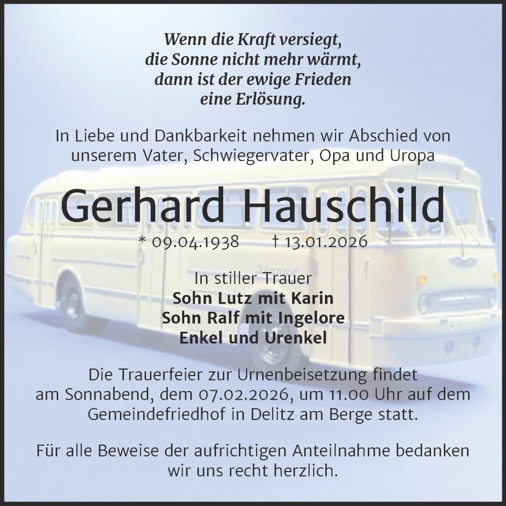  Traueranzeige für Gerhard Hauschild vom 24.01.2026 aus Trauerkombi Merseburg