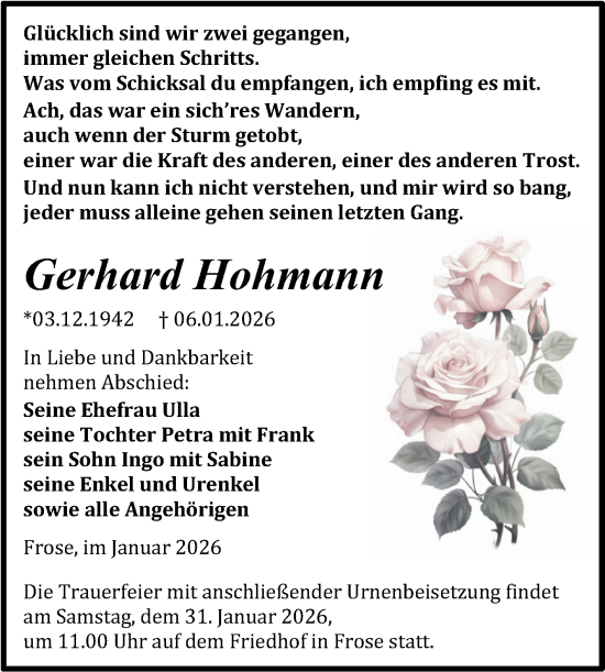 Traueranzeige von Gerhard Hohmann von Trauerkombi Aschersleben