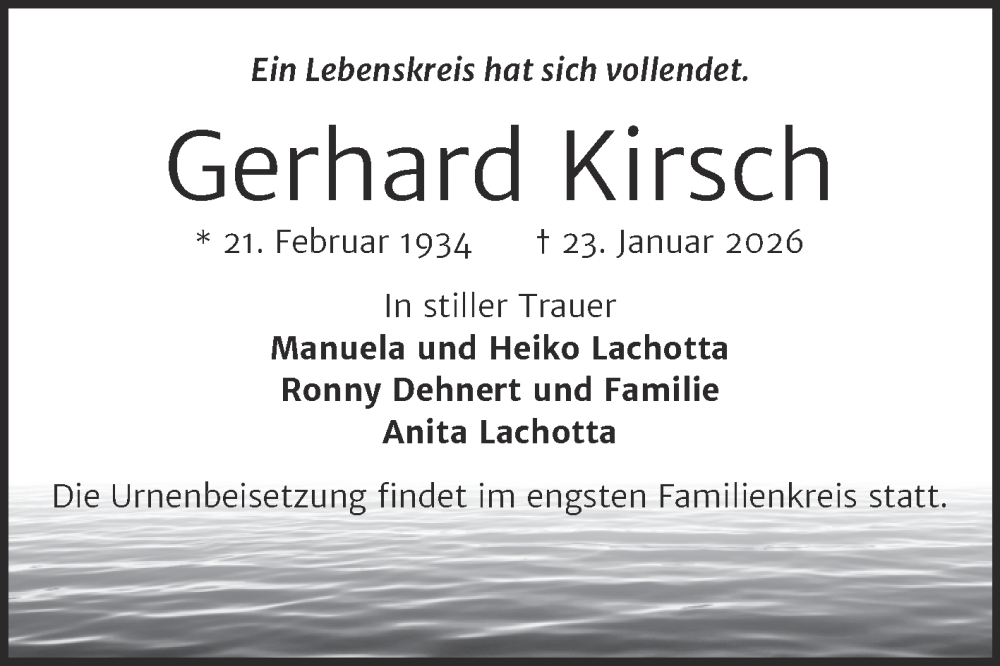  Traueranzeige für Gerhard Kirsch vom 31.01.2026 aus Trauerkombi Zeitz