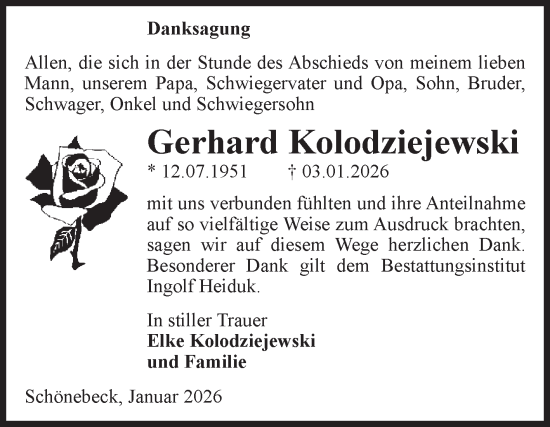 Traueranzeige von Gerhard Kolodziejewski von Volksstimme Schönebeck