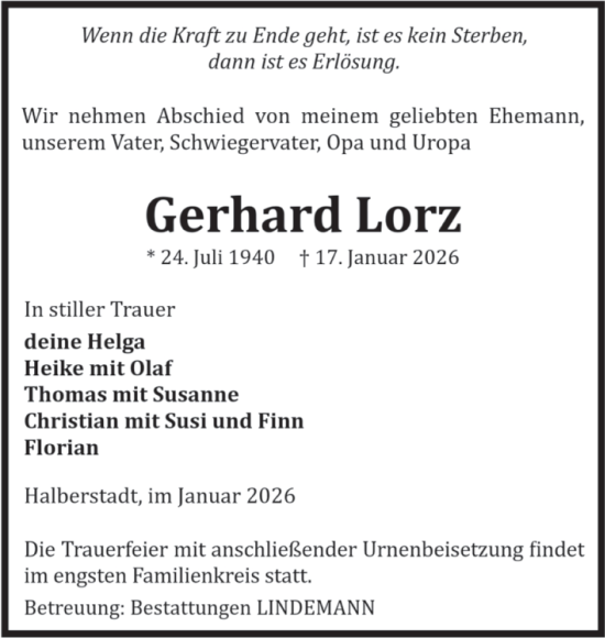Traueranzeige von Gerhard Lorz von Volksstimme Halberstadt