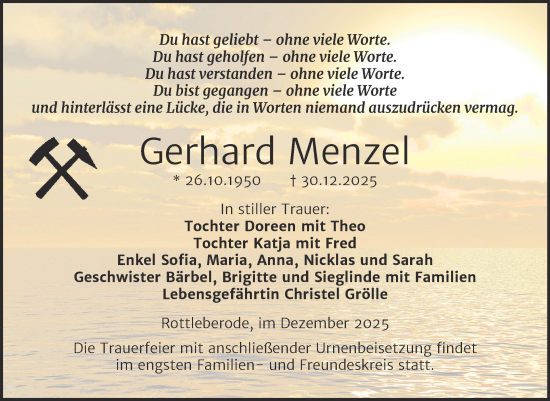 Traueranzeige von Gerhard Menzel von Trauerkombi Sangerhausen