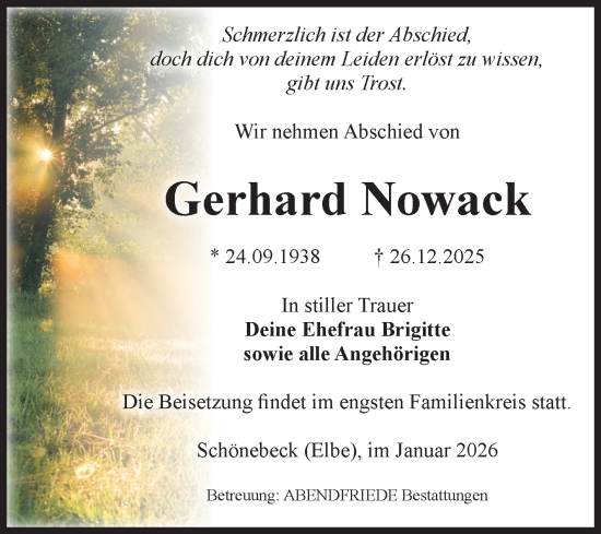 Traueranzeige von Gerhard Nowack von Volksstimme Schönebeck
