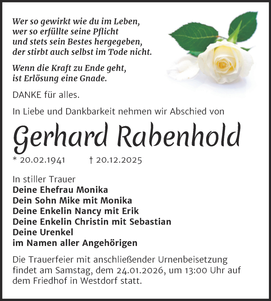  Traueranzeige für Gerhard Rabenhold vom 17.01.2026 aus Trauerkombi Aschersleben
