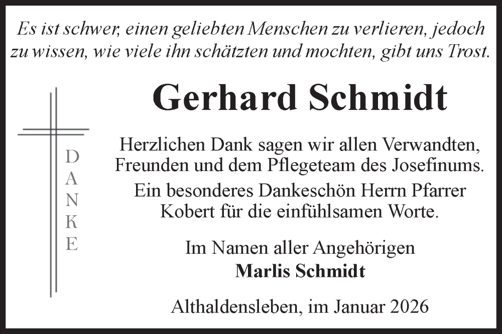  Traueranzeige für Gerhard Schmidt vom 17.01.2026 aus Volksstimme Haldensleben/Wolmirstedt