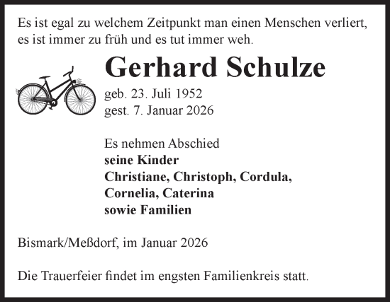 Traueranzeige von Gerhard Schulze von Volksstimme Altmark Ost
