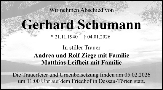 Traueranzeige von Gerhard Schumann von Trauerkombi Dessau
