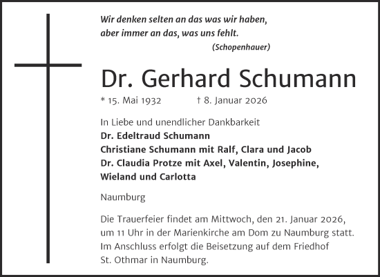Traueranzeige von Gerhard Schumann von Naumburger Tageblatt