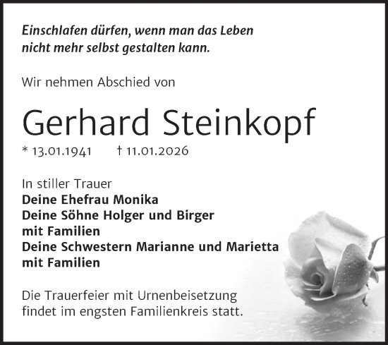 Traueranzeige von Gerhard Steinkopf von Trauerkombi Wittenberg