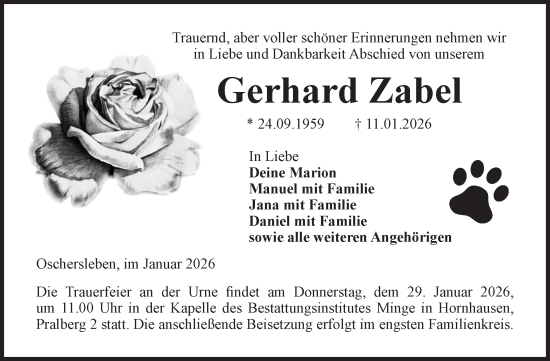 Traueranzeige von Gerhard Zabel von Volksstimme Oschersleben/Wanzleben