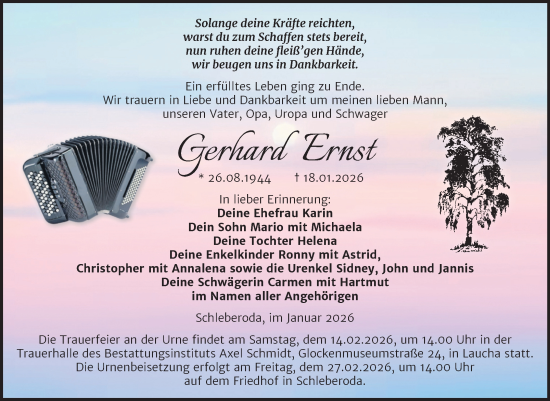 Traueranzeige von Gerhard Ernst  von Naumburger Tageblatt