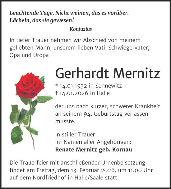 Traueranzeige von Gerhardt Mernitz von Mitteldeutsche Zeitung Halle/Saalkreis