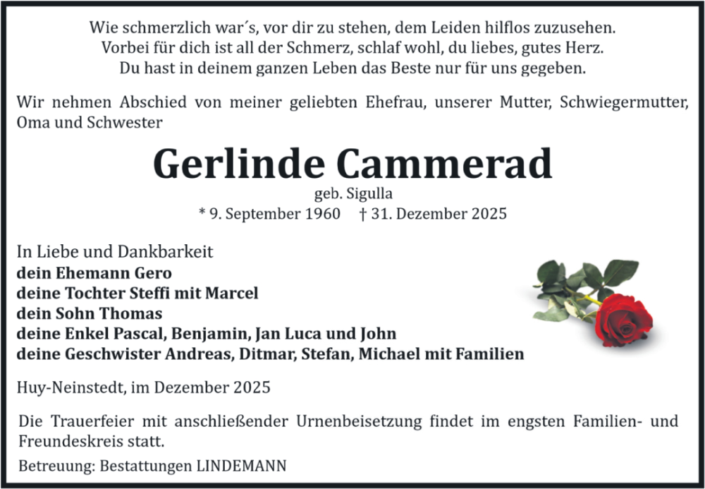  Traueranzeige für Gerlinde Cammerad vom 10.01.2026 aus Volksstimme Halberstadt