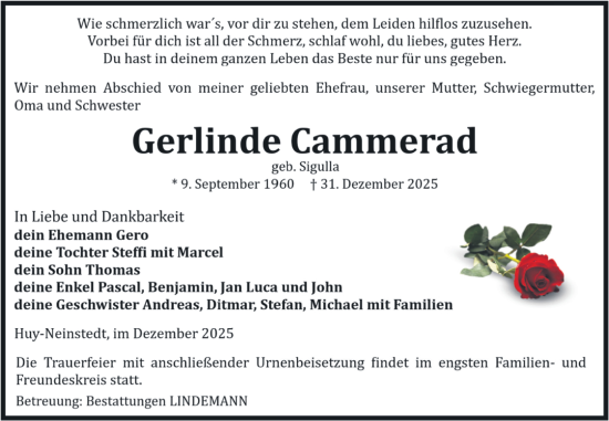 Traueranzeige von Gerlinde Cammerad von Volksstimme Halberstadt