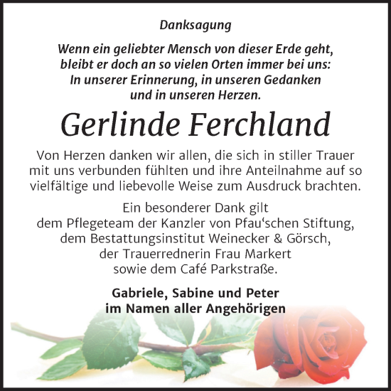 Traueranzeige von Gerlinde Ferchland von Trauerkombi Bernburg