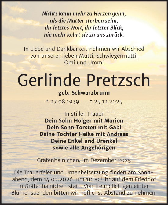 Traueranzeige von Gerlinde Pretzsch von Trauerkombi Wittenberg