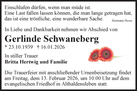 Traueranzeige von Gerlinde Schwaneberg von Volksstimme Haldensleben/Wolmirstedt