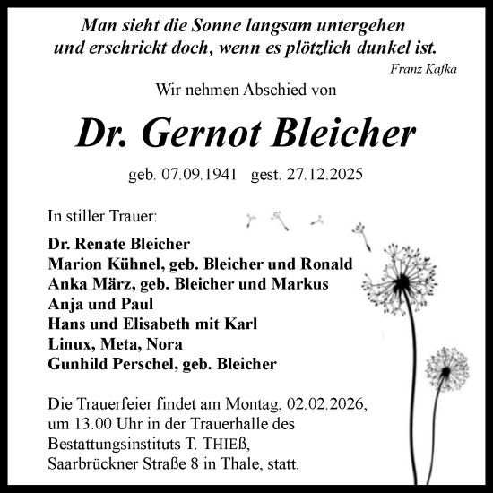 Traueranzeige von Gernot Bleicher von Trauerkombi Quedlinburg