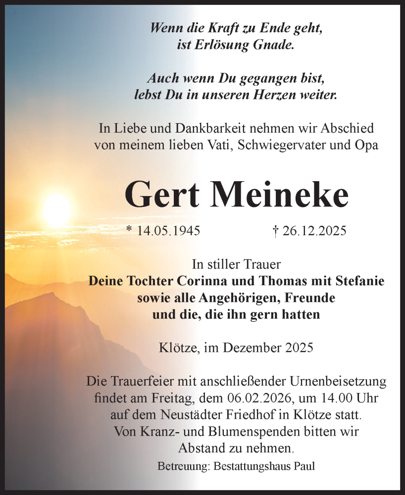  Traueranzeige für Gert Meineke vom 03.01.2026 aus Volksstimme Altmark West