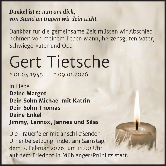 Traueranzeige von Gert Tietsche von Trauerkombi Wittenberg