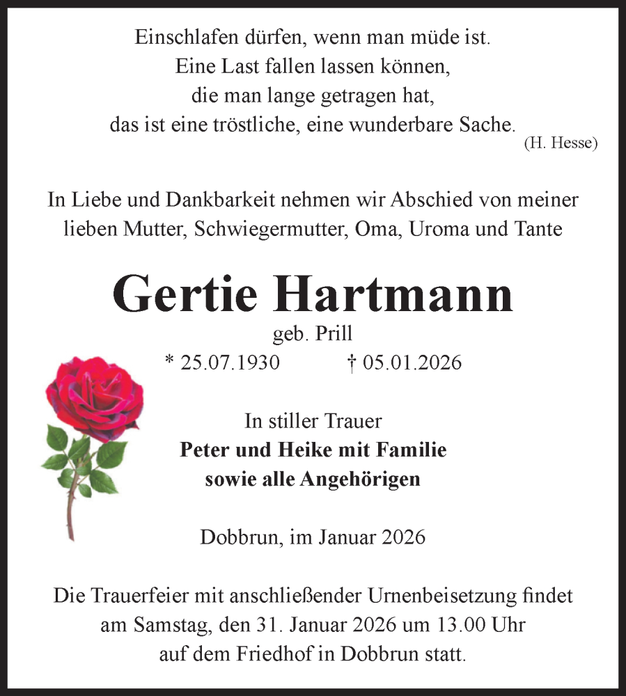  Traueranzeige für Gertie Hartmann vom 17.01.2026 aus Volksstimme Altmark Ost