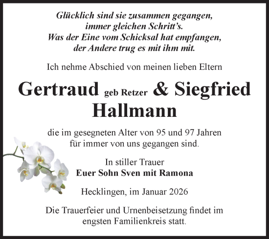 Traueranzeige von Gertraud Hallmann von Volksstimme Staßfurt