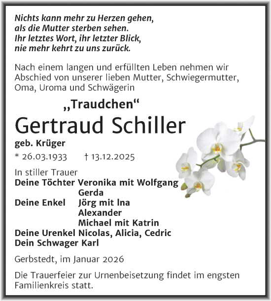 Traueranzeige von Gertraud Schiller von Trauerkombi Mansfelder Land