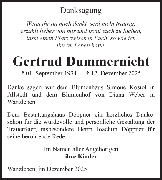 Traueranzeige von Gertrud Dummernicht von Volksstimme Oschersleben/Wanzleben